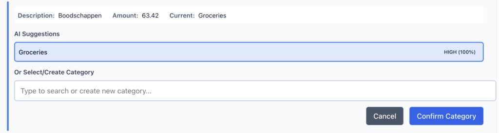 Screenshot of categorizing a transaction with high confidence